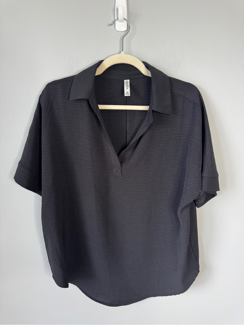 Zenana Outfitters Black Short-Sleeve V-Neck Collared Blouse